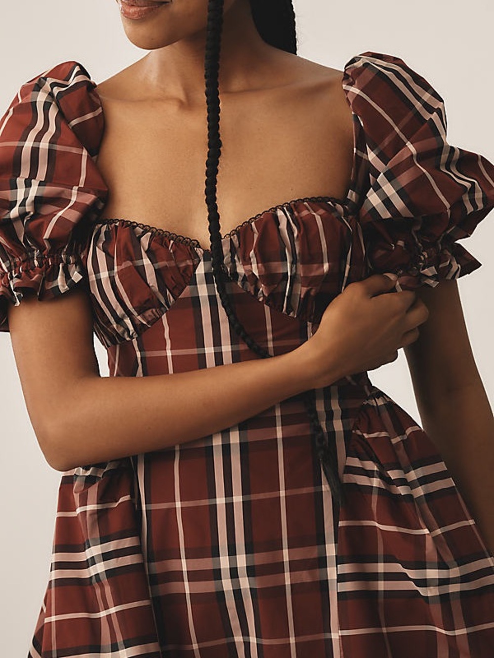 Maeve Anthropologie Plaid Tartan Puff-Sleeve Mini Dress in Burgundy and Black
